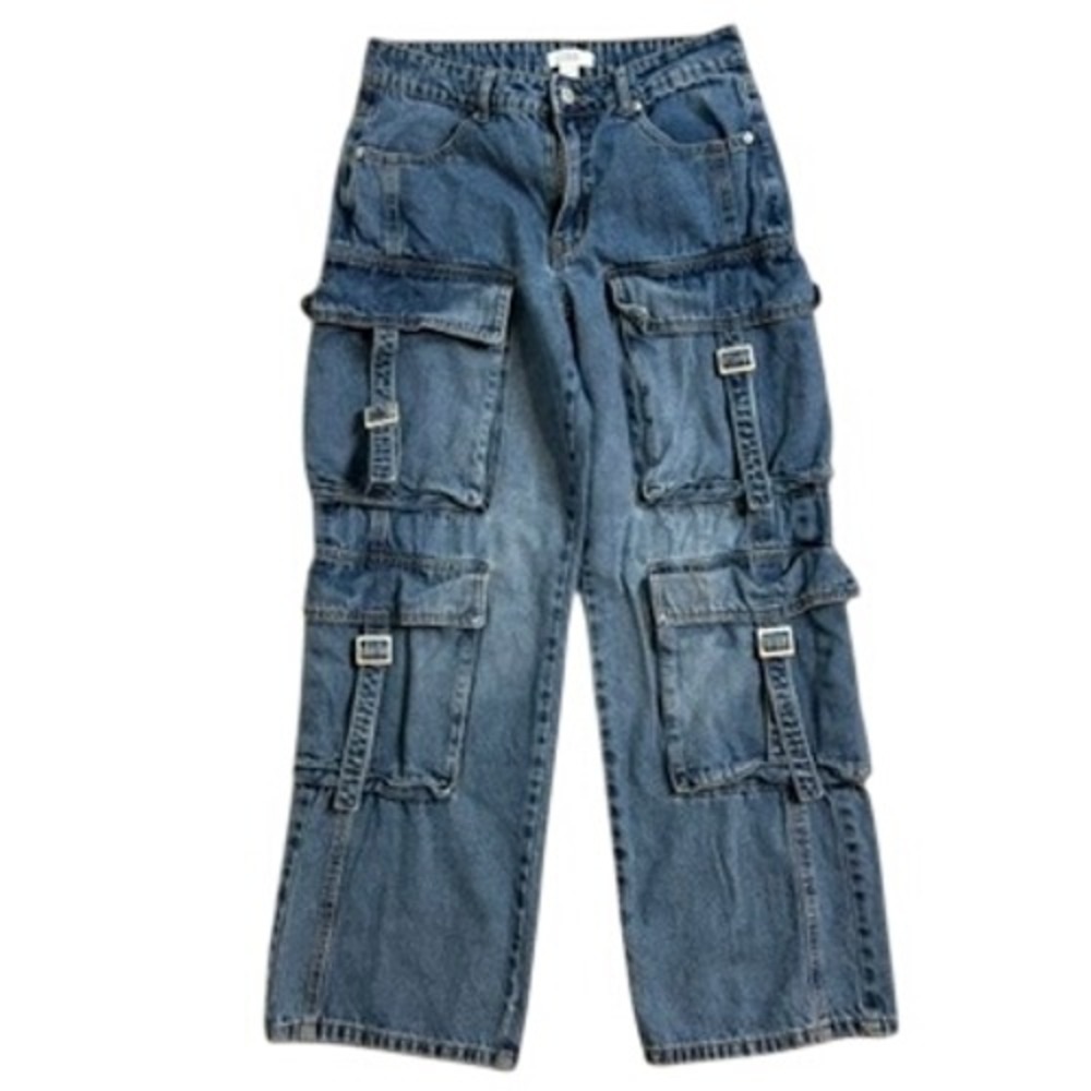 Forever 21 Premium Women Cargo Wide Leg Utility Jeans Size 27 Buckle Pockets